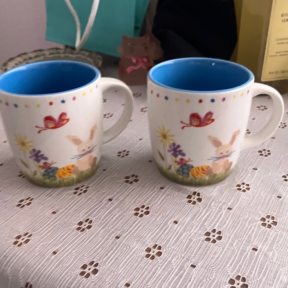 Floral Bunny Ceramic Mugs - Blue Interior